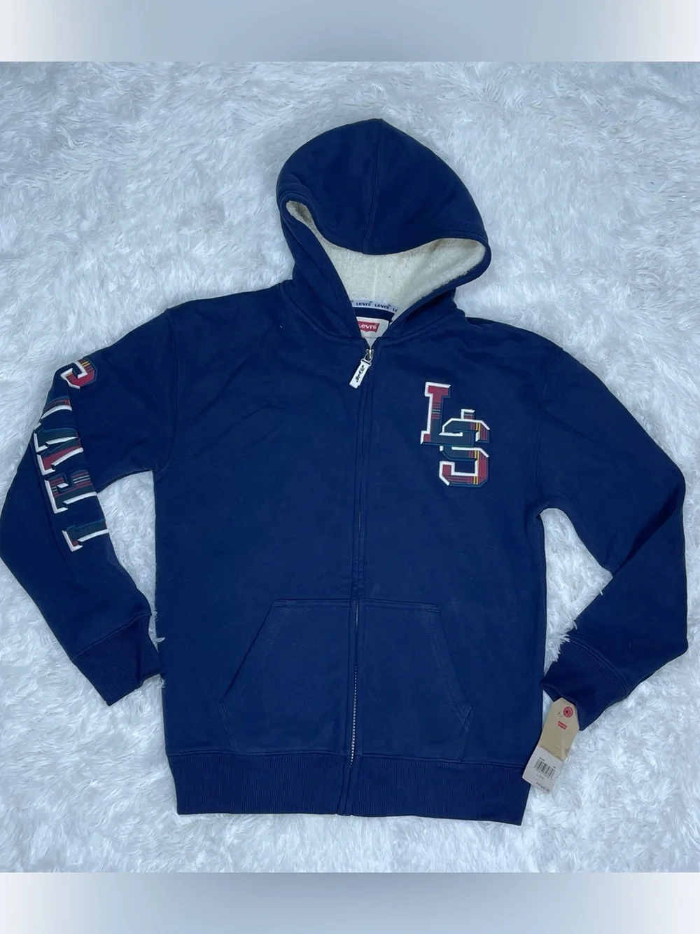 Levi's Kids Navy Hooded Zip Sweatshirt with Sherpa Lining Size LG Brand New